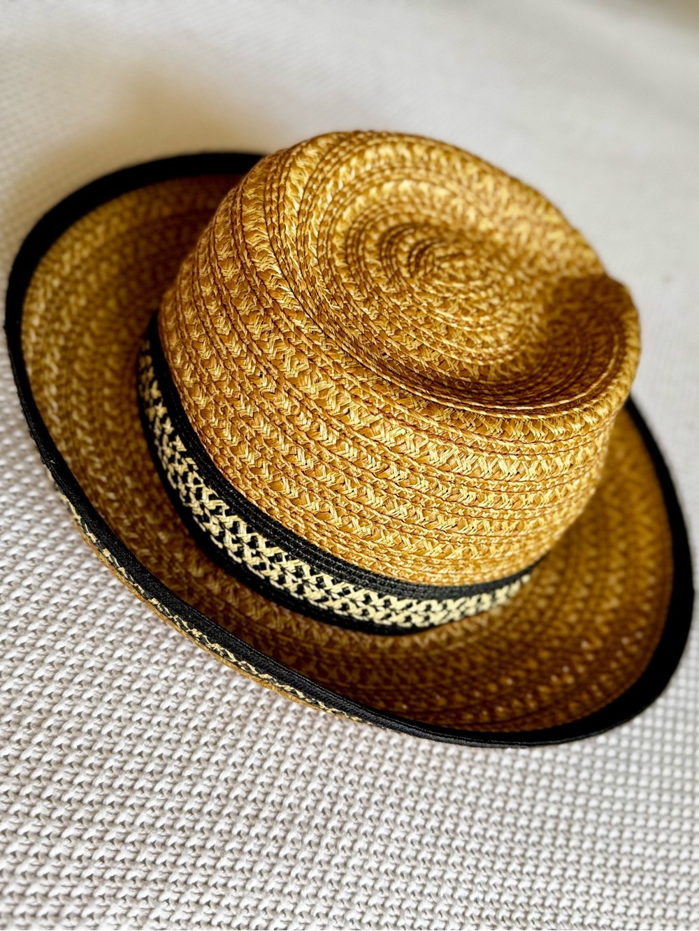 ERIC JAVITS Authentic Squishee Straw Hat UPF 50 Fedora Black Trim Patterned Band - Picture 6 of 14